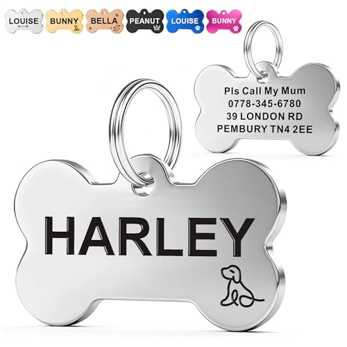 EDSG Personalised Dog Tags for Pets UK | Deep Engraved Stainless Steel Cat & Dog Name ID Tags | Custom Dog Tag Scratch Rust & Fade Resistant | Anti-Lost Pet Tag for Puppy Kitten (Silver Bone)