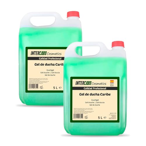 Pack 2 garrafas gel de ducha Caribe 5 litros - total 10 litros - fórmula pH neutro y fragancia tropical - higiene diaria en hoteles, gimnasios, alojamientos y baños compartidos - Intercabo Cosmetics
