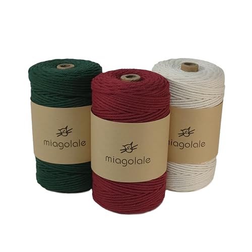 miagolale マクラメ ロープ コットン コード 編み紐 DIY 直径３mm 200m巻 (オトナクリスマス（ディープグリーン・アイボリー・ワインレッド）)