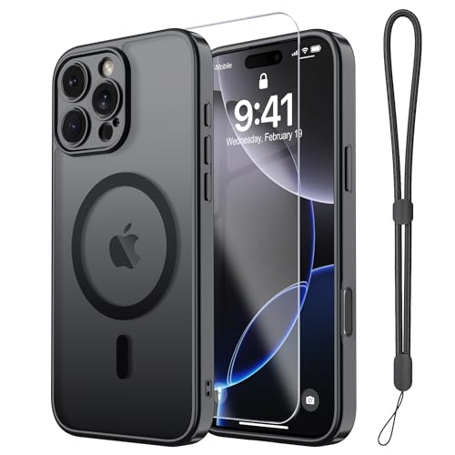 Janmitta Magnetic for iPhone 15 Pro Case with Screen Protector+Wrist Strap Compatible with MagSafe Camera Protection Military Grade Drop Protection Slim Translucent Matte Phone Cover Black