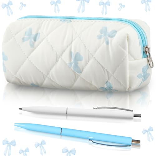 Image of Sherr Coquette Bow Pencil Case Blue Bow Cute Pencil Pouch Soft Cotton Storage Bag Aesthetic Pattern Gift Makeup Pouch Cosmetic Bag for Women Adults