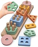 PEBIRA Montessori Toys for 1 2 Year Old, Wooden Sorting and Stacking Toys for Toddlers, Baby Shape Sorter and Color Stacker Blocks for Toddler, Preschool Learning Toy, Gift for 12-18 Month Boys Girls