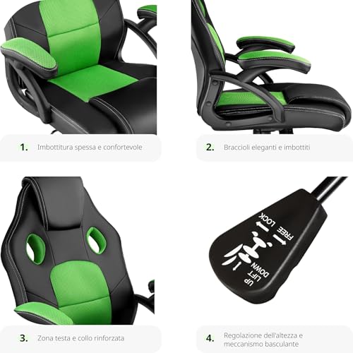® Sedia da Ufficio Ergonomica, Sedia Scrivania con Rotazione 360°, Imbottitura Confortevole, Rivestimento Similpelle, Poltrona Gaming con Altezza Regolabile, 5 Rotelle Doppie - Nero/Verde - Sedia gaming - Immagine 3