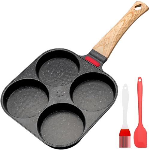 OulQinyhome Sartén Huevos de 4 Agujeros - Sarten Tortitas Antiadherente de Aluminio para Huevos y Panqueques - Sartén Tortilla Inducción para Desayuno con Inducción y Gas (Negra)