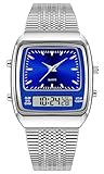 findtime Orologio da polso da uomo e donna, impermeabile, analogico, digitale, cinturino unico, con sveglia, retro a LED, multi-fuso orario, rettangolare, orologio da polso, Blu