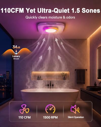 Image of Lumary Smart Bathroom Exhaust Fan with Light, 110 CFM, 1.5 Sones Quiet