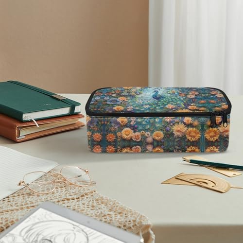 Image of Girls Pencil Case Peacock Flower Pencil Pouch Large Storage,Pencil Organizer for Kids Aesthetic Pencil Bag for Children Boys Sturdy Pen Box with Protable Handle Handbag Cion Purse