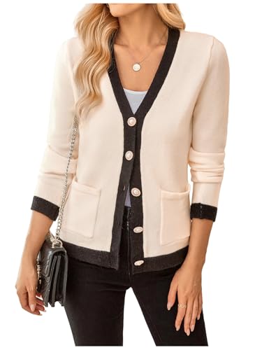 Image of WDIRARA Women's Casual Flap Detail Button Front Cardigan V Neck Long Sleeve Contrast Trim Coat