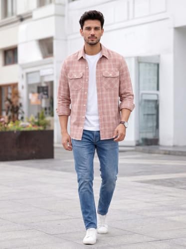 Image of Amazon Brand - INKAST Men's Cotton Blend Button Down Shirt || Long Sleeve Casual Flannel Check Shirt || Soft Breathable Lightweight Collared Shirts with Two Flap Chest Pockets || Stylish Everyday Wear