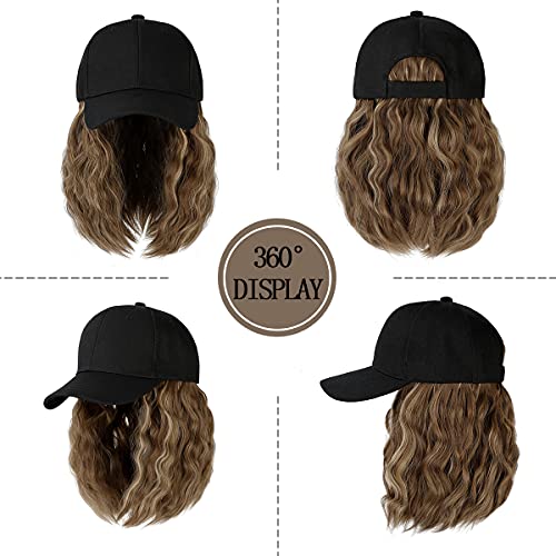 Qlenkay Baseball Cap with Hair Extensions 14inch Wavy Curly Bob Hairstyle Adjustable Wig Hat Attached Synthetic Hairpiece for Woman Light Brown Mix Ash Blonde