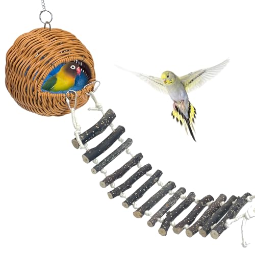 VCEPJH Rattan Bird Nest Hut with Ladder Hanging Bird House