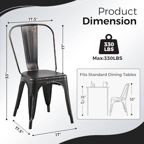 Image of Metal Dining Chairs with Back, Stackable, Distressed Black, 6 Pack | Easy Assembly, Non-Slip Feet, 330 lb Capacity, Kitchen, Restaurant, Cafe, Pub, Covered Patio