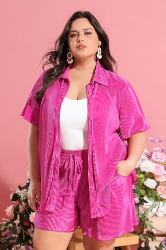 TIYOMI Plus Size Two Piece Sets for Women Pleated Outfits Soft Pajamas Button Down Suits Textured Top & Wide Leg Pants XL-5XL2