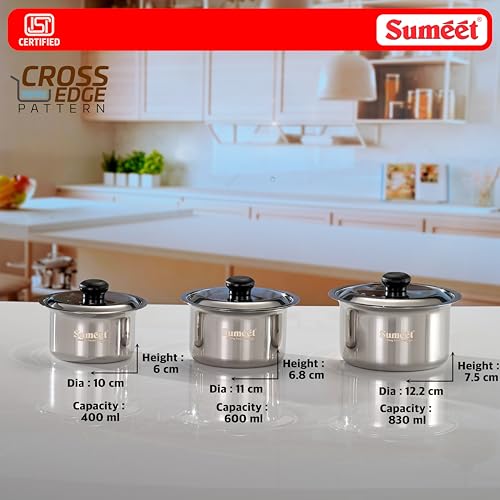 Image of Sumeet ISI Certified HeavyPly Stainless Steel patila Set, 3 pcs with lids - 400 ml, 600 ml, 830 ml, Induction & Gas Compatible, Durable bhagona /tope cookware for Everyday Cooking