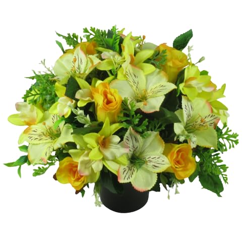 Artificial/Silk Flower Grave Fower Arrangement in Grave Pot, with Yelllow Roses, Alstromeria and Orchids - long lasting outdoor grave arrangement