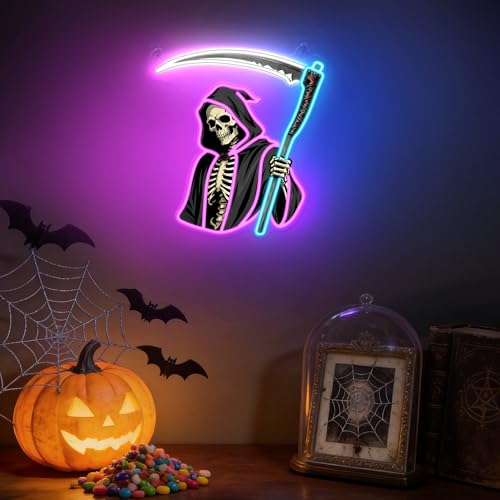 Image of Ammonite Grim Reaper Neon Sign, LED Death Scythe Night Light for Room Wall Table Decor Art, Home Party Birthday Halloween Xmas Birthday Gift for Kids Teens Adults