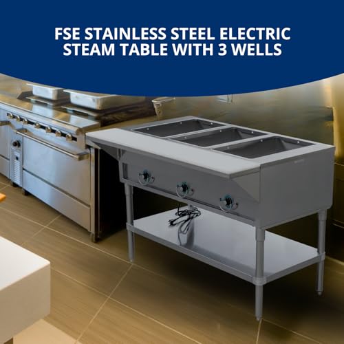 fse 373-est-3sw stainless steel electric steam table with 3 wells 30-58 x 48 x 34-38 poly cutting board and stainless steel undershelf