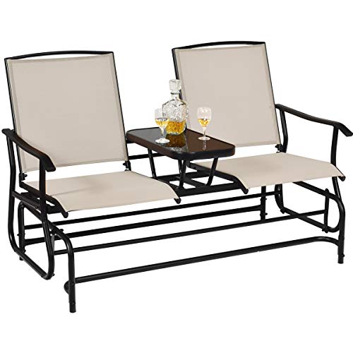 Giantex Patio Bench Glider Chair with Metal Frame, Center Tempered Glass Table, Outside Double Rocking Swing Loveseat for Porch, Garden, Poolside, Balcony, Lawn Rocker Outdoor Glider Bench(Beige)