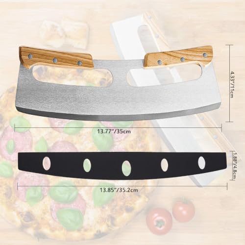 Foto von Pizza Wiegemesser, Pizzaschneider Wiegemesser aus Edelstahl 35cm mit Holzgriff, Schutzhülle, Schnelles und Gleichmäßiges Schneiden Profi Pizzamesser
