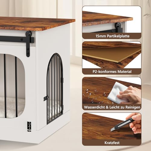 YDTOP Hundebox für Zuhause 100cm, XL Hundekäfig Möbel mit 3 Schiebetüren & Hundematte, Moderne Hundehütte Holz für Kleine Mittlere Große Hunde, 100x60x69cm, Weiß & Braun