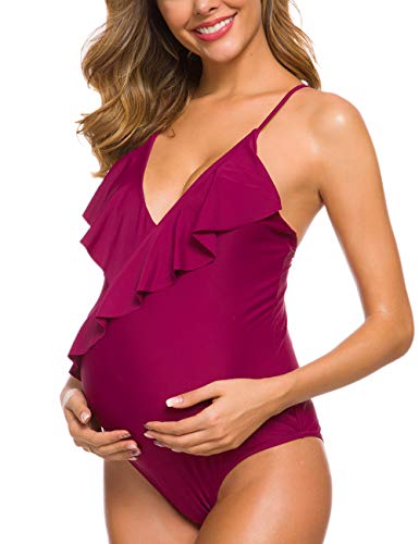 Tempotrek Maternity Swimsuits One Piece Ruffle Flounce Swimwear Halter Bikini Swimsuit Deep V Neck Bathing Suits #TOP4