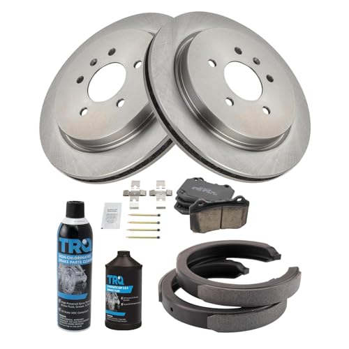 Image of TRQ Rear Brake Pad & Rotor Kit, with Chemical Kit Parking Brake Shoe Set Ceramic Compatible with 2005-2008 Cadillac STS