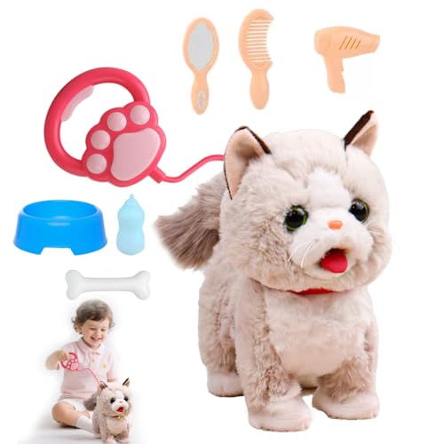 Zinueen Interaktives Katze Spielzeug für Kinder, Plüschtierkatze mit Ferngesteuerter Leine, Elektronische Haustiere Katze Spielzeug der Läuft und Bellt für Kinder Mädchen Junge Geschenk
