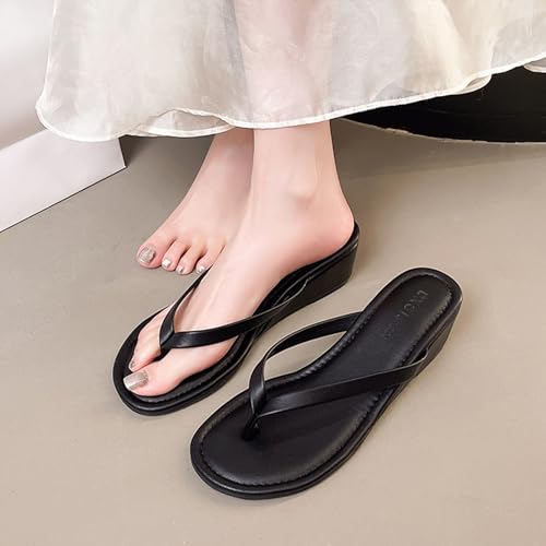 Women's Faux Leather Wedge Flip Flops with Arch Support Comfortable Round Open Toe Slip On Thong Slippers Casual Summer Sandals4