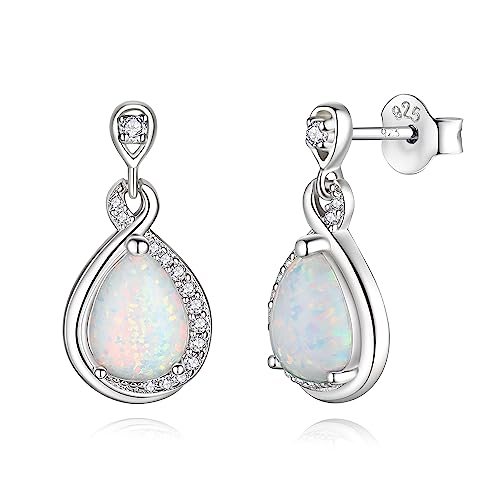 FANCIME Opal Earrings 925 Sterling Silver Infinity Stud Dangle Earrings with Created Teardrop White Fire Opal, October Birthstone Fine Opal Jewelry for Women