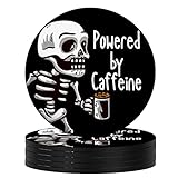 Swooflia Coasters for Drinks Coffee Table, Skull Coffee Powered Funny Black Silicone Absorbent Cup Coaster Set Housewarming Kitchen Home Wooden Desk Office Bar Tabletop Decor 6 Pack