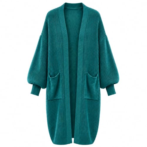 Image of Womens Balloon Sleeve Cardigan Chunky Knit With Pockets Teal One Size | Long Oversized Coatigan, Warm & Thick Knit, Ladies' Jumper Style, Balloon Sleeves, Open Front Design