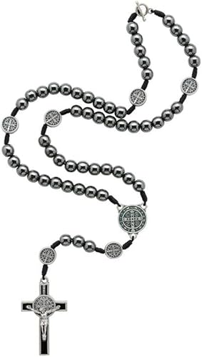 Terço | São Bento | Colar | Hematita 8mm | Crucifixo | Cordão preto