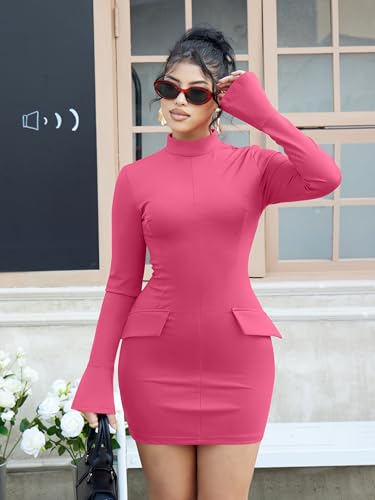 Image of YMDUCH Women's Long Sleeve Mock Neck Bodycon Mini Party Dress | Stretch,Flare Sleeve,Formal,Back Zipper,Elegant,Comfy,Casual,Fitted,Solid,Party,Date Night,Club,Birthday,Fall,Spring,Short