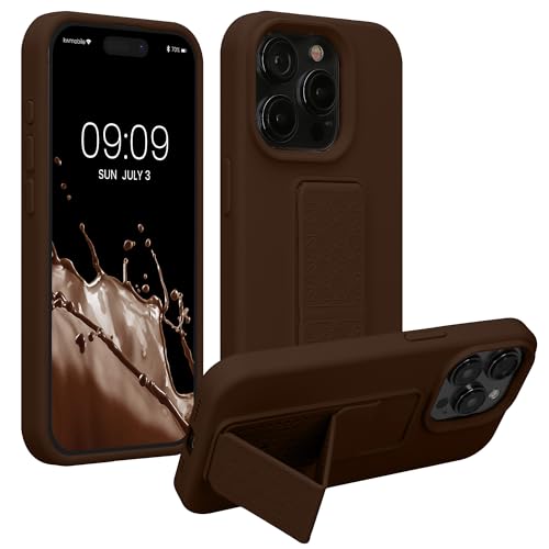 Image of kwmobile Case for Apple iPhone 15 Pro Max Case - Soft TPU Cover with Silicone Coating - With Hand Strap and Stand Function - Shockproof - Chocolate