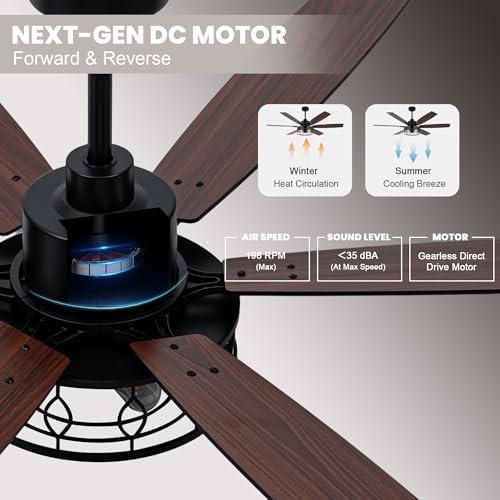 Image of Dawn Whisper Black Ceiling Fans with Lights 60 Inch Farmhouse Ceiling Fan with Remote Quiet Reversible DC Motor 6 Speeds 8 Blades Large Industrial Chandelier Fan for Living Room Bedroom