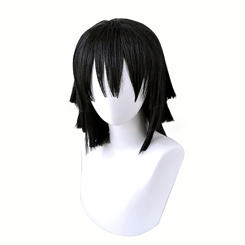 Peluca de pelo sintético largo y corto de anime para fiesta de disfraces de Halloween con gorra de peluca gratis (negro corto)