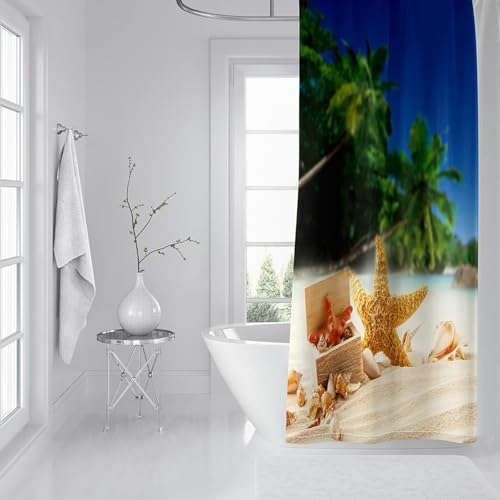 Rideau de douche polyester beige vert bleu 120x180 cm motif palmier