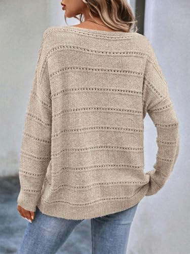Image of Women's Sweater Soft Boat Neck Long Sleeve Oversized Sweaters Crochet Pullover Knit Tops