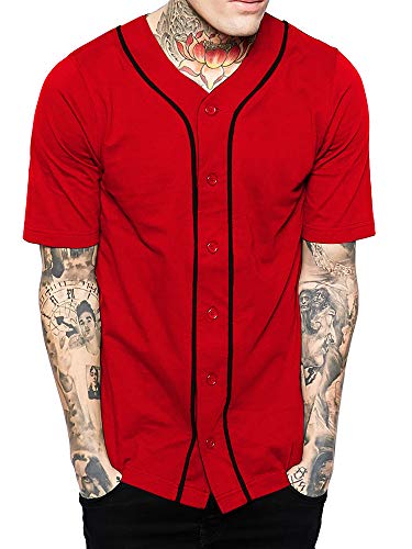 Hat and Beyond Mens Baseball Button Down Jersey (01up01_red/Black,3X-Large)