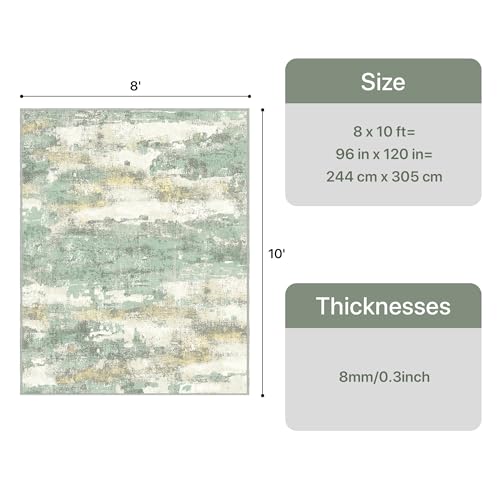 Image of 8x10 Area Rugs Washable Green Rug for Living Room Bedroom, Abstract Modern Large Rug Non Slip, Water Repellent Low Pile Soft Carpet for Dining Room, Light Green