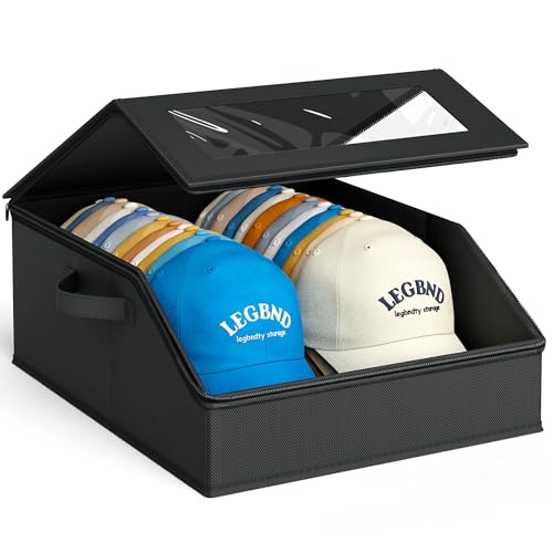 AOODA Sturdy Hat Storage for Baseball Caps, Holds up to 24 Caps Clear Hat Organizer for Closet, Bedroom, Wide Hat Box with Cardboard (Pure black)