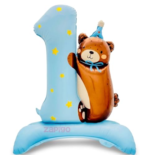 Image of Balloonistics Number 1 Self-Standing Blue Foil Balloon with Teddy Bear | 1st Birthday Baby Boy Decoration | First Birthday Balloon | No Helium Needed