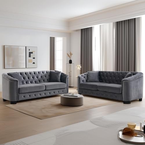 2 Piece Luxury Chesterfield Velvet Sofa Set for Living Room,