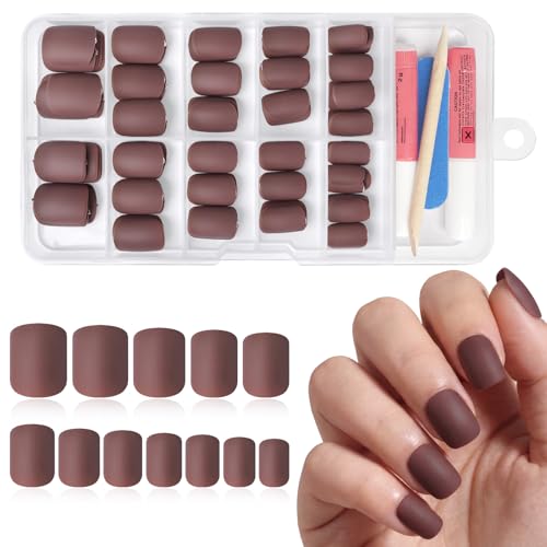 Bellelfin Coffee Brown Matte Fake Nails Short Square,120 Pcs Fall Press on Nails Short Square, 12 Sizes Full Covered Acrylic Press on Nail,Matte Nails Press ons With Glue and Jelly Tabs for Women