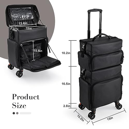 Stagiant Professional Rolling Makeup Case, Soft Sided Make up Train Case, Travel Organizer Portable with Wheel for Makeup Artist Cosmetology Nail Technician Hair Stylist Supplies, 2 In 1 Nylon Black