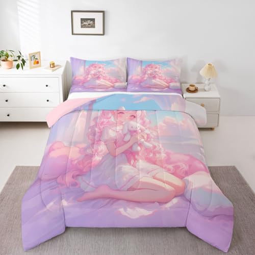 Image of Erosebridal 3D Japanese Girl Bedding Sets King - Romance Style Comforter Set for Kids Adults Japanese Anime Girly Duvet Insert Anime Gifts Quilt