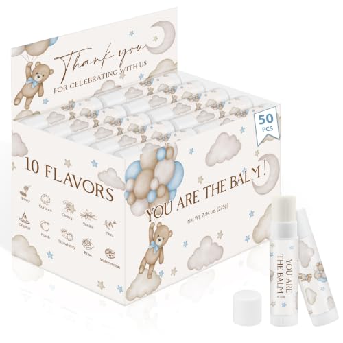 Image of 50 Pack Bear Baby Shower Moisturizing Lip Balms in Bulk Party Favors Reception Ideas It's a Boy Blue Gender Reveal Thank You For Celebrating With Us Gifts Birthday Gift You Are The Balm Beeswax