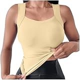 Women's U Neck Shapewear Built-in Bra Tank High Strechy Sleeveless Slim Tops Camisole Workout Tops Padded Yoga Shirts Beige