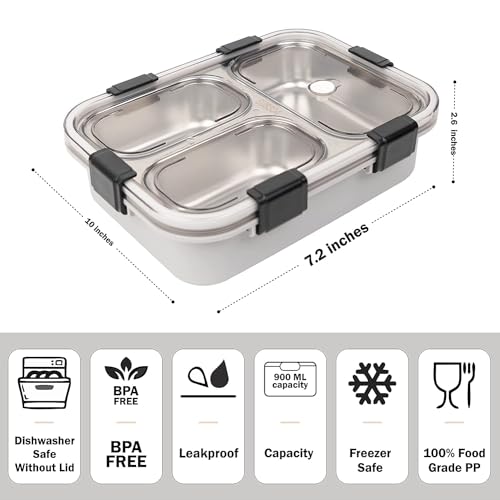 Image of Brand Conquer Lunch Box Leak-Proof BPA Free Stainless Steel for School, Lunch Box for School & Office with a Fork, a Spoon and a Pair of Chopsticks (Grey, 3 Compartment)