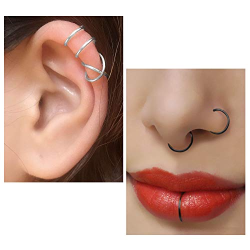 Mayhoop 24Stk Fake Piercings Ohrklemme Ear Cuff Fake Piercings Ohr Silber Schwarz Edelstahl Faux Ohr Manschette Clip on